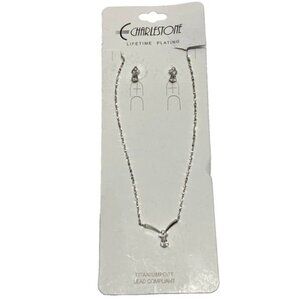 Charlestone Jewelry Set Necklace and Earrings Silvertone Lifetime Plating NWT